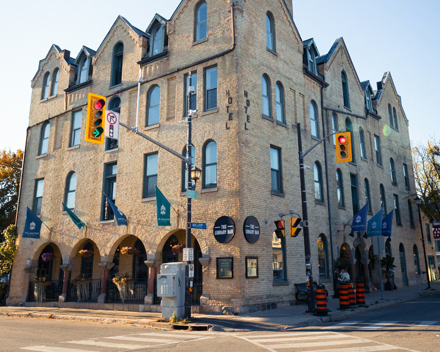 Historic brick storefronts on a small-town main street in Southwestern Ontario